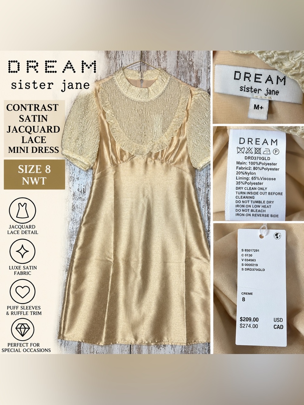 DREAM Sister Jane Gold Contrast Satin Jacquard Mini Dress Size 8 NWT